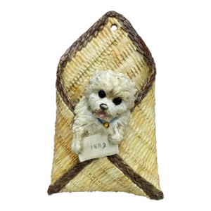 Large Majolica Basket Bichon Dog Wall Pocket Theodore Deck Circa 1887