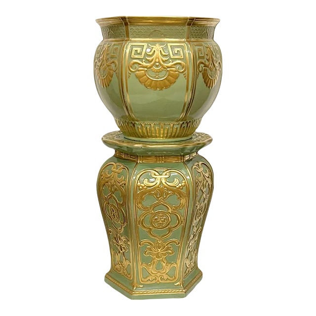 Early 20th Century Large Antique English Green and Gilt Ceramic Jardiniere & Pedestal For Sale