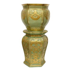 Early 20th Century Large Antique English Green and Gilt Ceramic Jardiniere & Pedestal