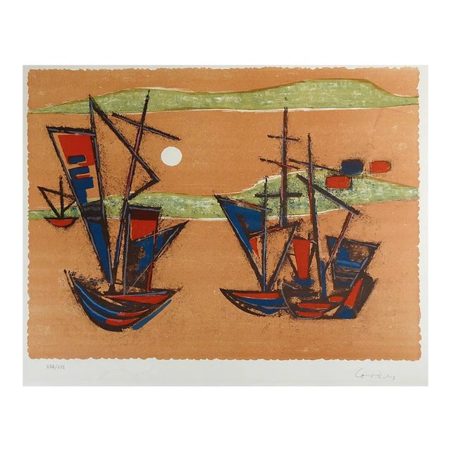 Vintage Mid Century Modern Abstract Ships Lithograph For Sale
