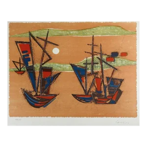 Vintage Mid Century Modern Abstract Ships Lithograph
