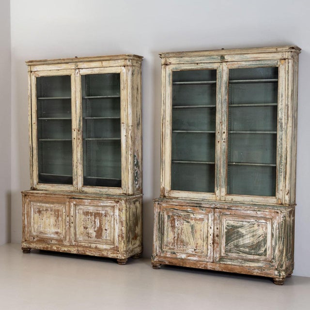 Wood Large Antique Painted Library Cabinets, 1840, Set of 2 For Sale - Image 7 of 13