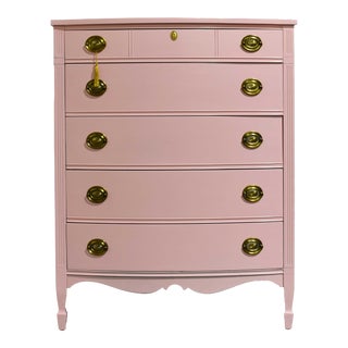 Mid Century Federal Style Mahogany Curve Front Highboy in Pink by Dixie - Newly Painted For Sale