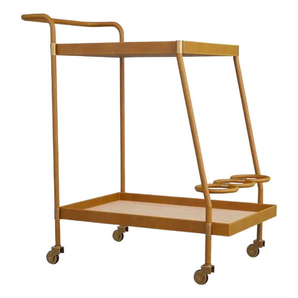 Arteriors Bar Cart - Brand New - Cognac Leather, Blonde Oak & Antiqued Brass For Sale
