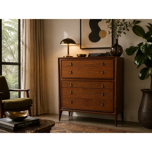 Beautiful Mid-Century Modern highboy by John Stuart Inc., featuring the distinctive “Facade” design with a warm wood...