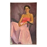 Image of Large Mid Century Lady Portrait, Oil on Canvas - Lady in Pink For Sale