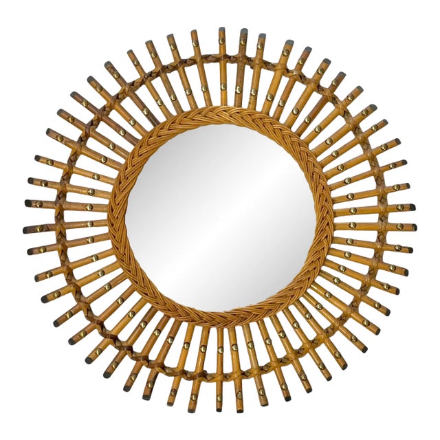 Vintage Italian Rattan Bamboo Sunburst Mirror With Brass Accents For Sale