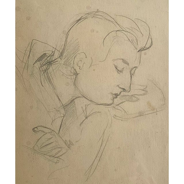 Early 20th C. pencil portrait in pencil of a young woman captured in a moment of rest. Circa 1920-1940. On heavy art stock...