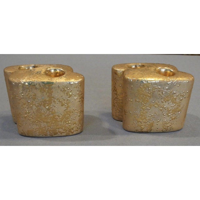 Vintage 1950's American Mid Century Modern Le Mieux China Ceramic Weeping Gold Double Candlesticks - A Pair For Sale - Image 4 of 5