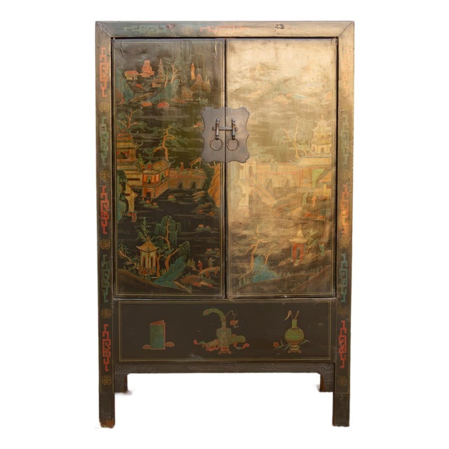 Antique Chinese Black Lacquer Armoire W/Painted Landscape For Sale