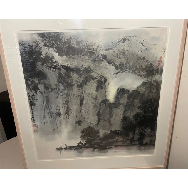 Chinese Large Vintage 1992 Original Chinese Ink Watercolor Mountain Landscape Painting For Sale - Image 3 of 17