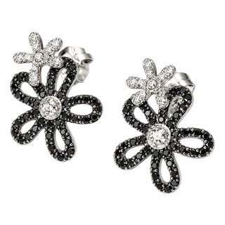 Late 20th Century 14K White Gold Pave Black and White Diamond Floral Flower Earrings, Pair For Sale