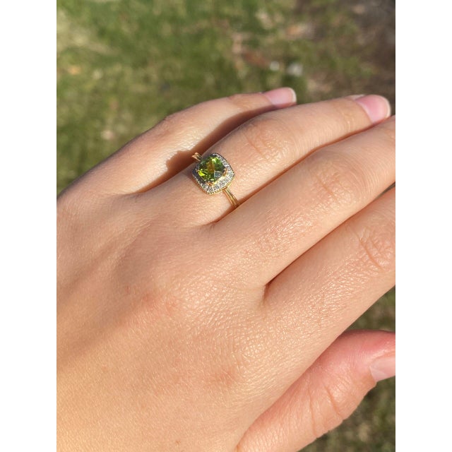The Zhu: Peridot and Natural Diamond Halo Ring in Yellow Gold For Sale - Image 11 of 11