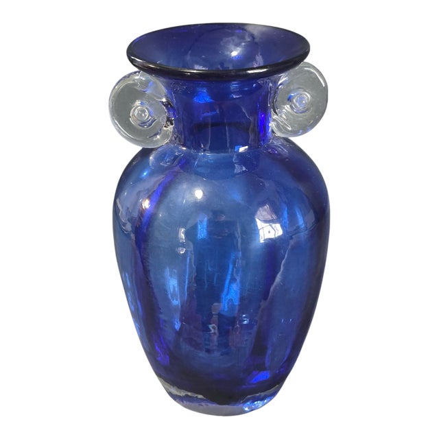 Vintage Hand Blown Art Glass Cobalt Blue Neoclassical Form Vase For Sale