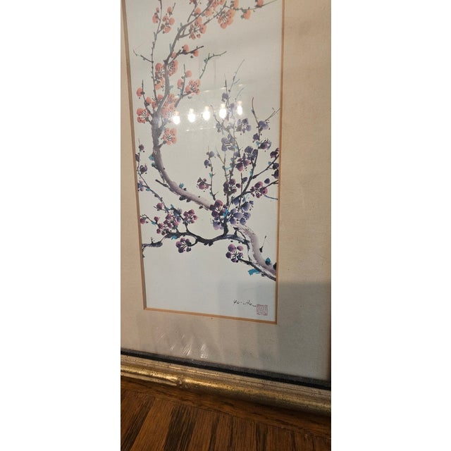 Gorgeous Pair of Silk Chinese Paintings With Gilt Faux Bamboo Frames For Sale - Image 9 of 10