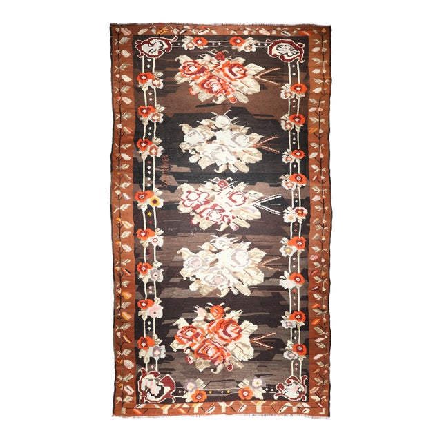 Vintage Turkish Karabağ Kilim With Rose Bouquets – Handwoven Floral Flatweave Kilim Rug -6' X 11' 9'' For Sale