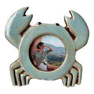 Glazed Ceramic Photo Frame Blue Crab Claws 3-1/2” Round Opening Nautical Beach House Decor For Sale