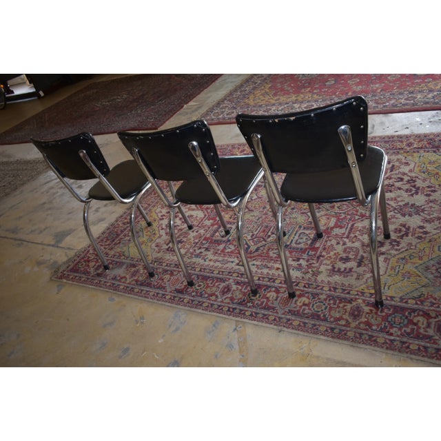 Mid-Century Modern Set of 3 Vintage Chrome Kitchen Chairs Black Vinyl Mid Century Fixtures MFG For Sale - Image 3 of 13