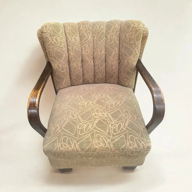 Art Deco German Armchair with Bentwood Armrests and Green Brocade Upholstery, 1940s For Sale - Image 4 of 12