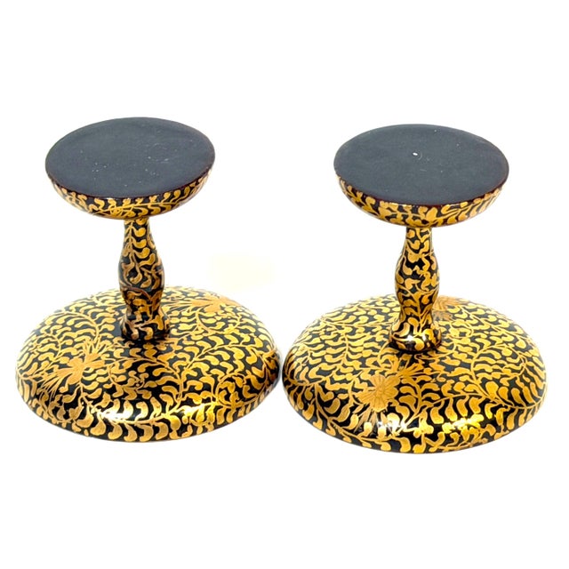 Paint Pair of Japanese Meiji Miniature Gold Maki-e Lacquer Takatsuki Stands For Sale - Image 7 of 11