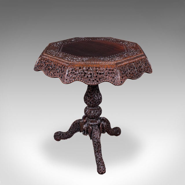 Victorian Antique Carved Tea Table, Burmese, Teak, Octagonal, Lamp, Side, Victorian, 1860 For Sale - Image 3 of 12