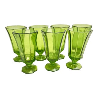 Mid-Century Modern Green Glass Water Goblets - Set of Seven For Sale