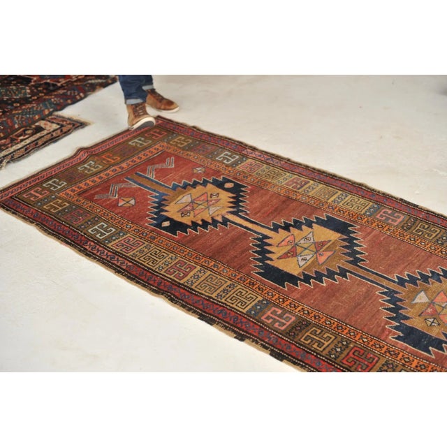 Traditional Geometric Runner in Clays, Saffron & Deep Indigo 3.7 x 11 For Sale - Image 3 of 13