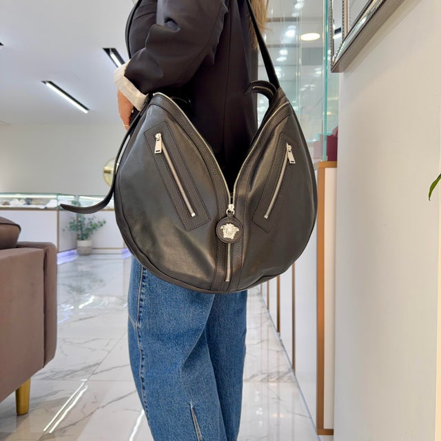 Versace Repeat Large Hobo Black Leather Silver Hardware Shoulder Bag For Sale - Image 12 of 12