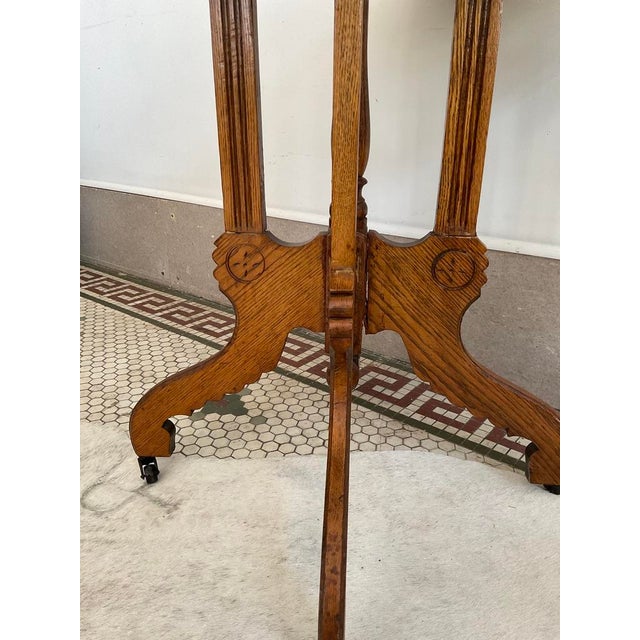 Antique Victorian Carved Quarter Sawn Oak Parlor Table on Casters, Eastlake Style For Sale - Image 17 of 18