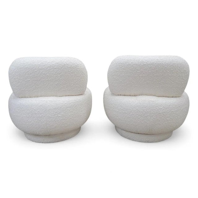 Postmodern Swivel Pouf Lounge Chair Reupholstered in Boucle - Pair For Sale - Image 4 of 5