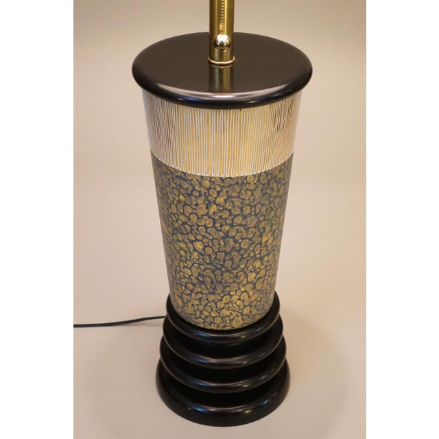 1950s Marbro Atomic Modern Charleton Hand Painted Art Glass Brass Wood Table Lamp One-of-a-Kind Sublime Condition For Sale In Los Angeles - Image 6 of 12