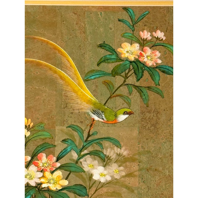 Original Chinese Floral Painting With Birds, Signed, Custom Mat For Sale - Image 10 of 12