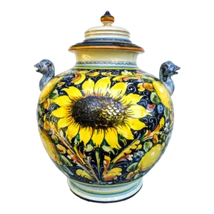 Very Large Tuscan Vintage Caffagliolo Collection Sunflower and Lemons From Deruta Italy Hand Painted Pottery Urn With Cover