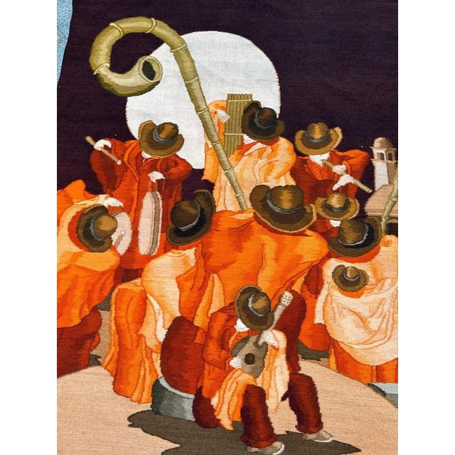 Very pretty South American tapestry with beautiful design of musicians and nice light colors, entirely and very finely...