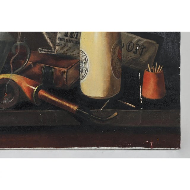 "Pipe, Stein, Bottle, and Matches" Still Life Painting For Sale - Image 4 of 7