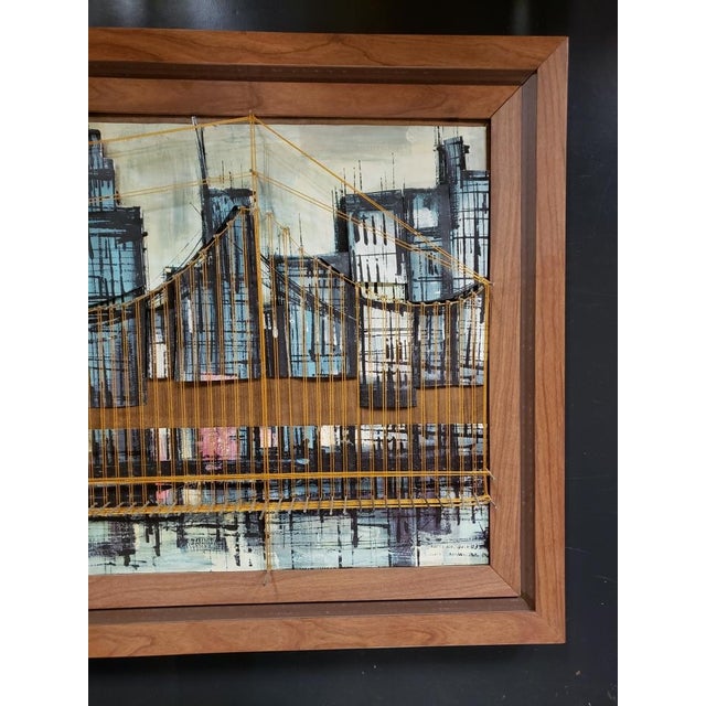 1960s Mid Century Modern Brooklyn Bridge, New York City Skyline Mixed Media Art For Sale - Image 4 of 5