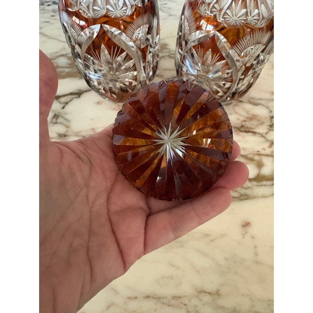 Amber Pair Vintage Bohemian Czech Amber Cut to Clear Decanters For Sale - Image 8 of 12