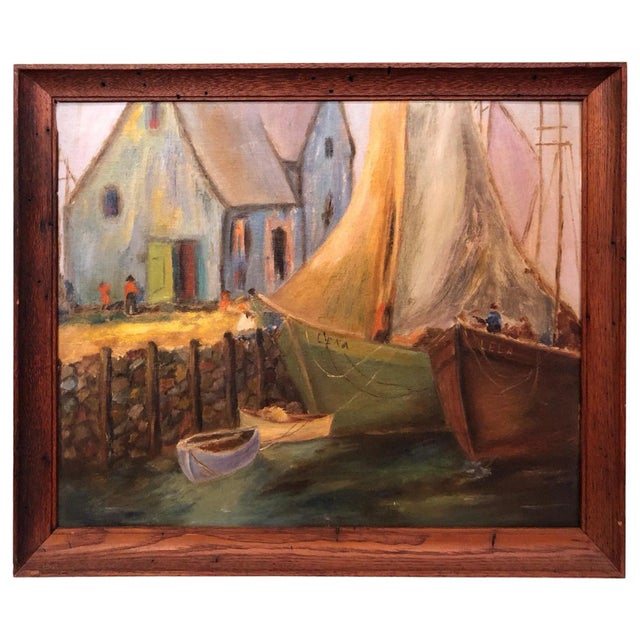 Colorful Oil on Board of Boats in a Harbor For Sale - Image 13 of 13