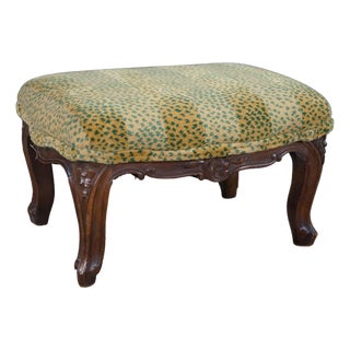 Antique Louis XV French Provincial Walnut Foot Stool Ottoman & Pillow Leopard For Sale