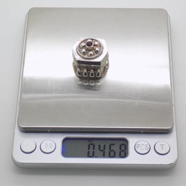 Vintage Italian Handmade Genuine Sterling Silver 925 & Red Stone Hexagon Pill Snuff Trinket Box For Sale - Image 9 of 10