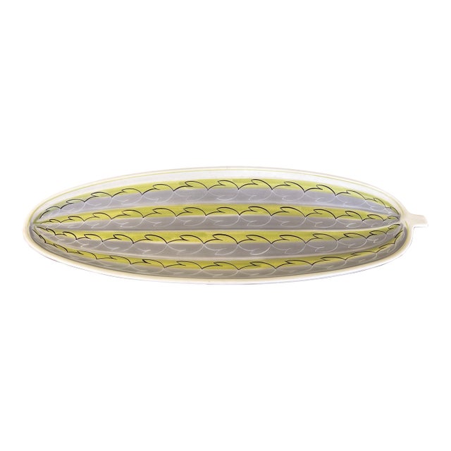Vintage Mid-Century Modern Poole Pottery England Oval Serving Dish - Abstract Leaf Pattern, Yellow and Gray For Sale