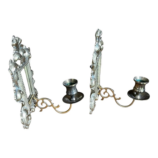 VTG Brass Set Pair Heavy Ornate Victorian 7.5” Wall Candle Holder Sconce Mirrors For Sale