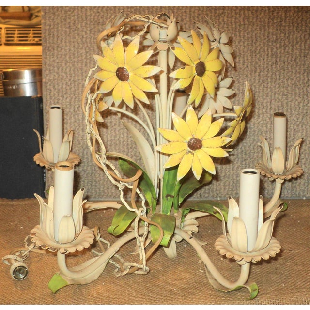 Cream Vintage French Italian Tole Metal Painted Daisy Chandelier For Sale - Image 8 of 9