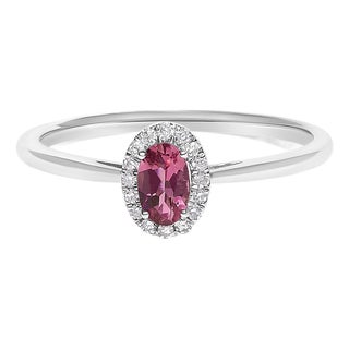 10K White Gold 5X3MM Oval Pink Tourmaline and Diamond Accent Halo Ring (I-J Color, I1-I2 Clarity) - Ring Size 5.5 For Sale