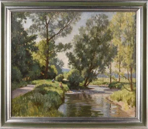 Edward Albert Hickling Oil Painting of Figures by a Tree Lined River in Irish Summer by British Artist, 1980