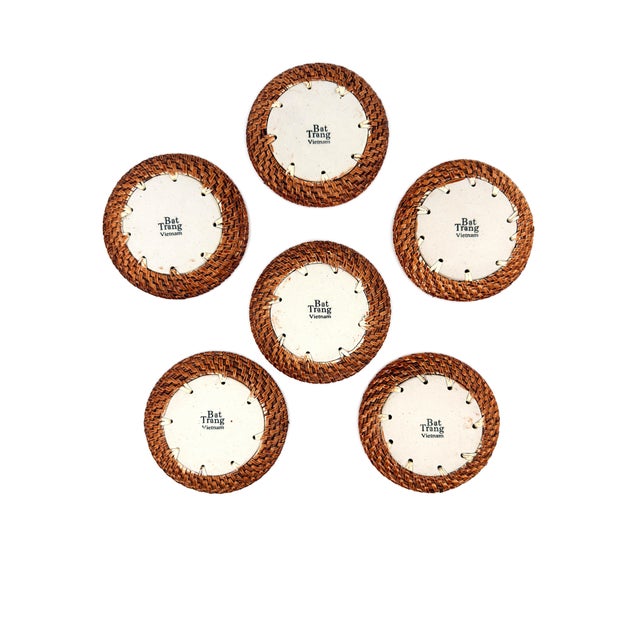 Ivory Asian Modern Bat Trang Vietnamese Rattan & Ceramic Coasters With Hand Painted Floral Motif - Set of 6 For Sale - Image 8 of 9