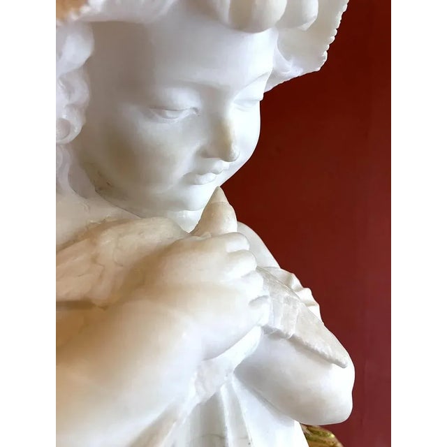 Italian Artist, Hand Carved Bust Sculpture of a Young Girl Holding a Dove, 19th Century, Alabaster For Sale - Image 6 of 12