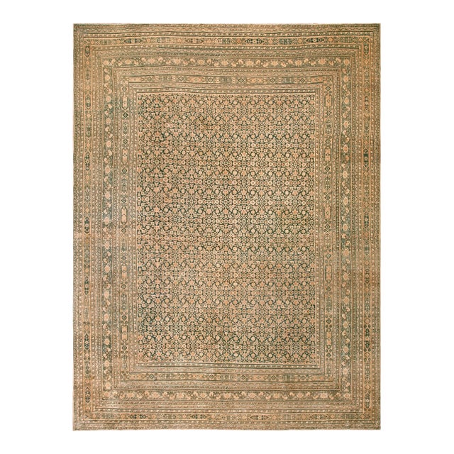 1890s Blue Navy Herati Tribal Antique n.e. Persian Khorassan Moud Rug 11'6" X 15'2" Handknotted Wool Carpet For Sale