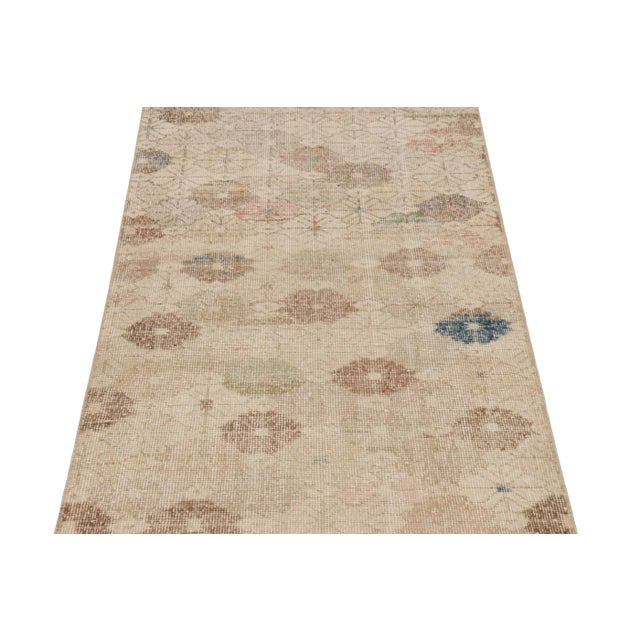 Rug & Kilim Vintage Distressed Runner Rug, Beige-Brown Geometric Floral Pattern - Rug & Kilim For Sale - Image 4 of 8