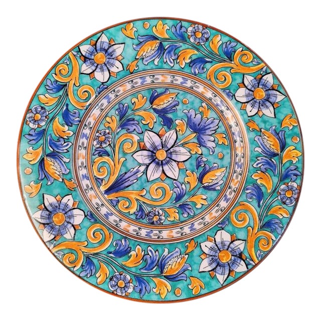 Vintage Majolica-Style Hand-Painted Ceramic Decorative Plate (Turquoise Floral Motif) For Sale